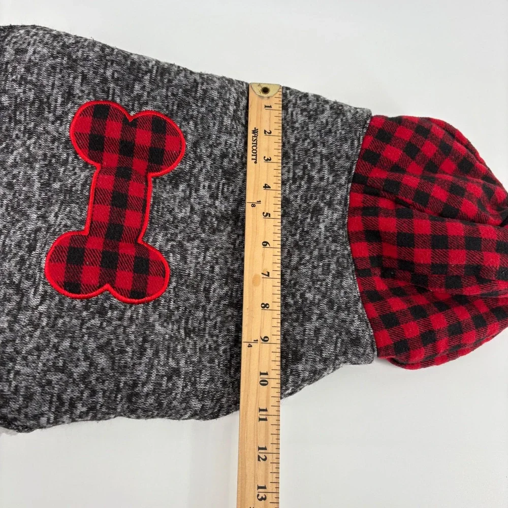 Doodle & Co L Dog Coat Hoodie Buffalo Plaid Bone Gray Red Pet Sherpa Lined‎